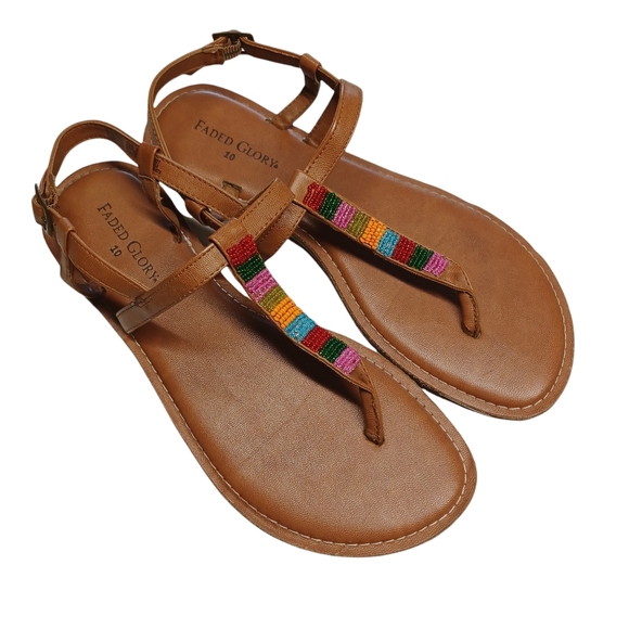 FADED GLORY Colorful Beaded Stripe Print Thong Brown Flat Sandals 10 - Picture 1 of 6